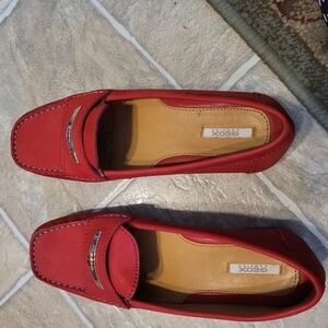 Geox Women's Red Leather Penny Loafers with Metal Accent